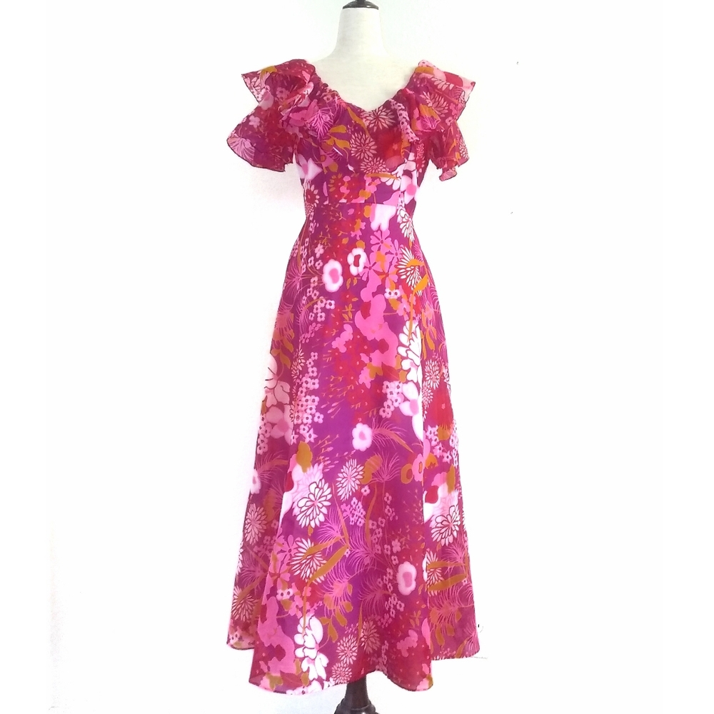 60s Vintage Hawaiian Floral Maxi Dress